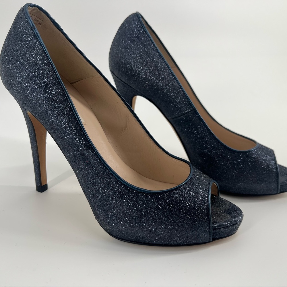 LK Bennett Navy Glitter Peep-Toe Heels